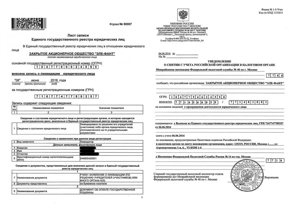 Ликвидация ЗАО «ЭЛЕ-ФАНТ», МИФНС № 14 по г. Москва.